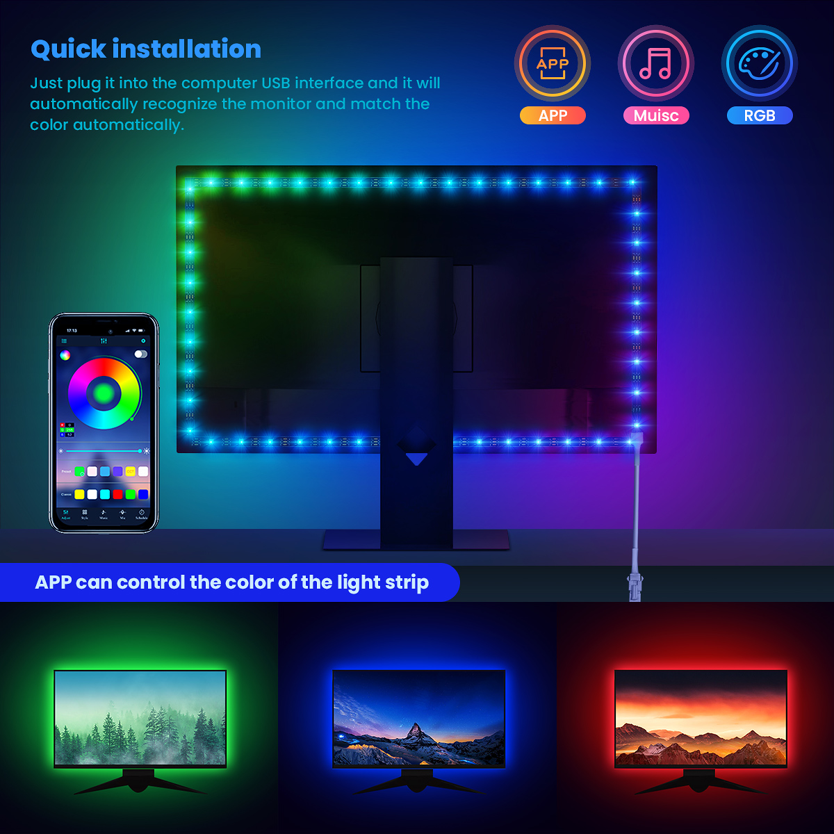 Immersive PC Background RGBIC LED Strips Monitor Screen Color ,USB Sync Box Compatible for Win PC, Ambient Lighting. 
