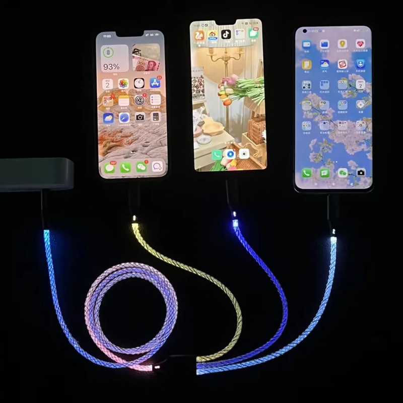 RGB data cable one tow three car luminous breathing gradient super fast charging for Apple Android Type-C. 