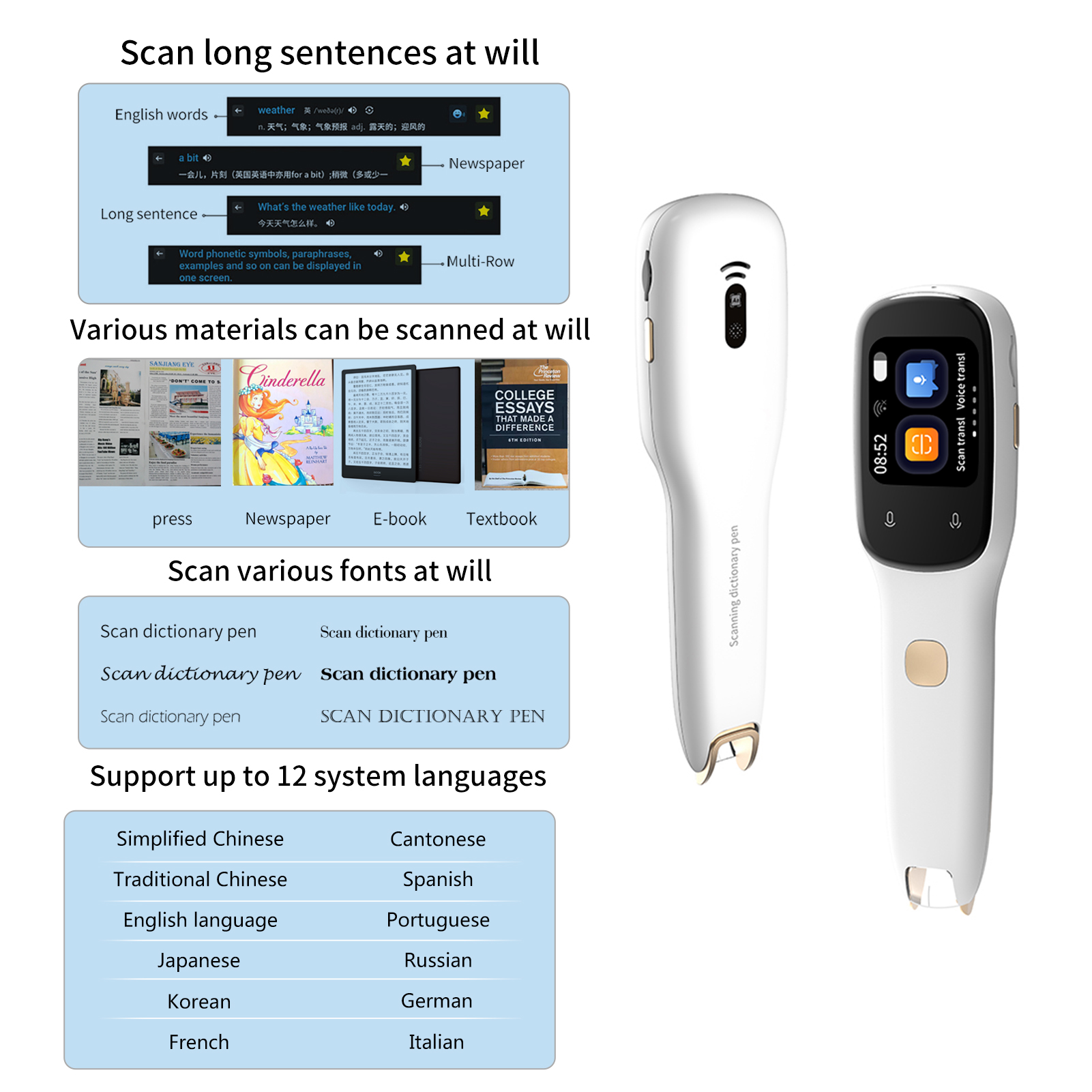 BOELEO Dictionary Translation Pen Scanner Text Scanning Reading Translator Device. 