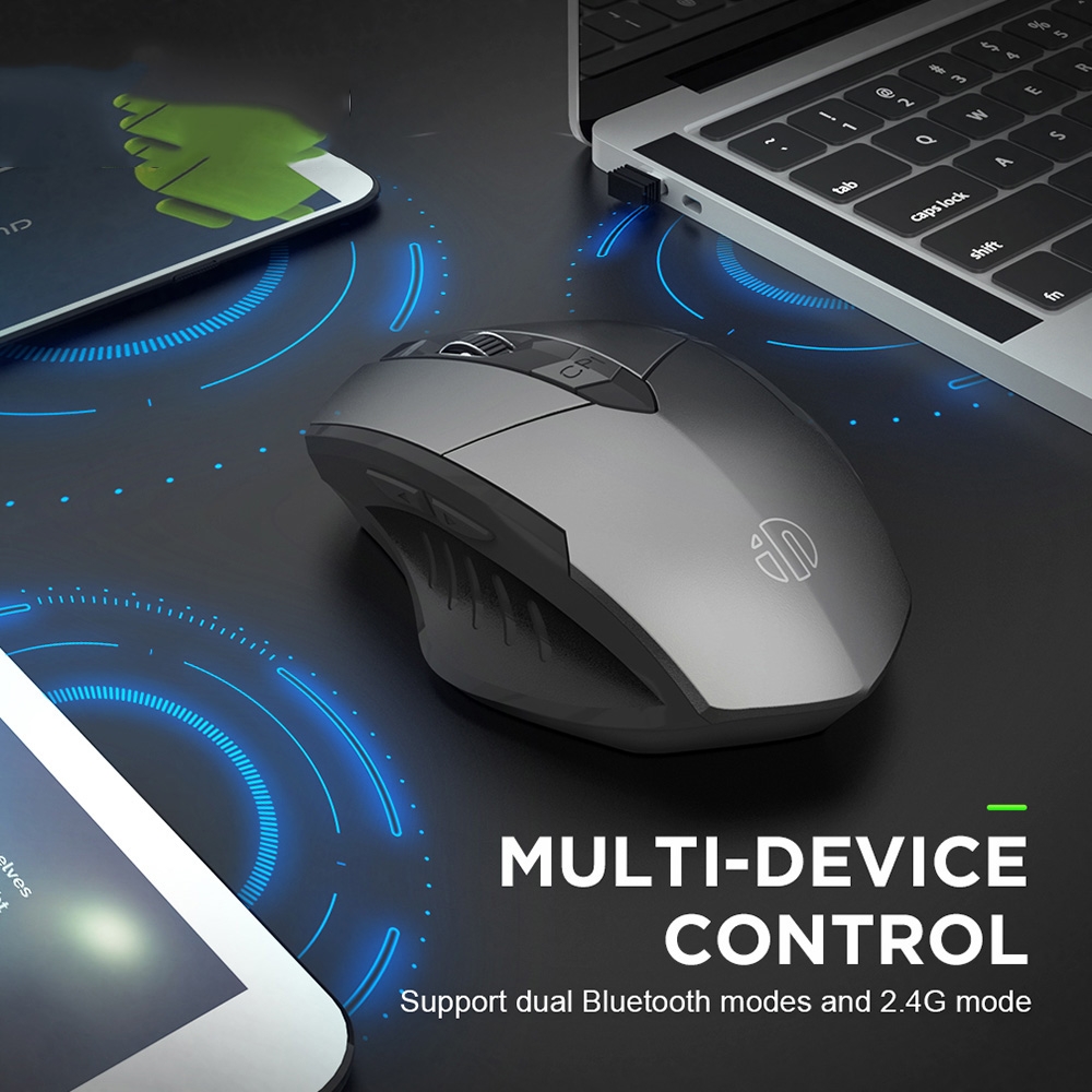 Inphic PM6 6 Keys 1000/1200/1600 DPI Home Gaming Wireless Mechanical Mouse, Colour: Gray Wireless+Bluetooth 4.0+Bluetooth 5.0. 