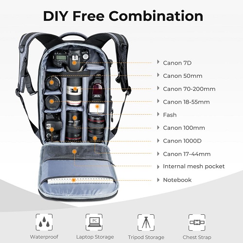 K&F Concept KF13.044 Multifunctional Waterproof Lightweight Camera Backpack with 15.6" Laptop Chamber. 