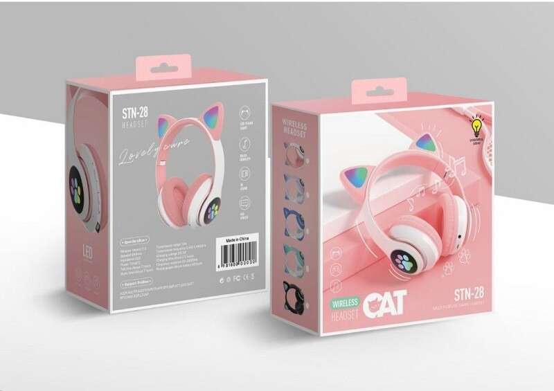 New S-28 Cat Ear Headworn Bluetooth Earphones with Sparkling Light 5.0 Wireless Sports and Leisure Card Folding. 