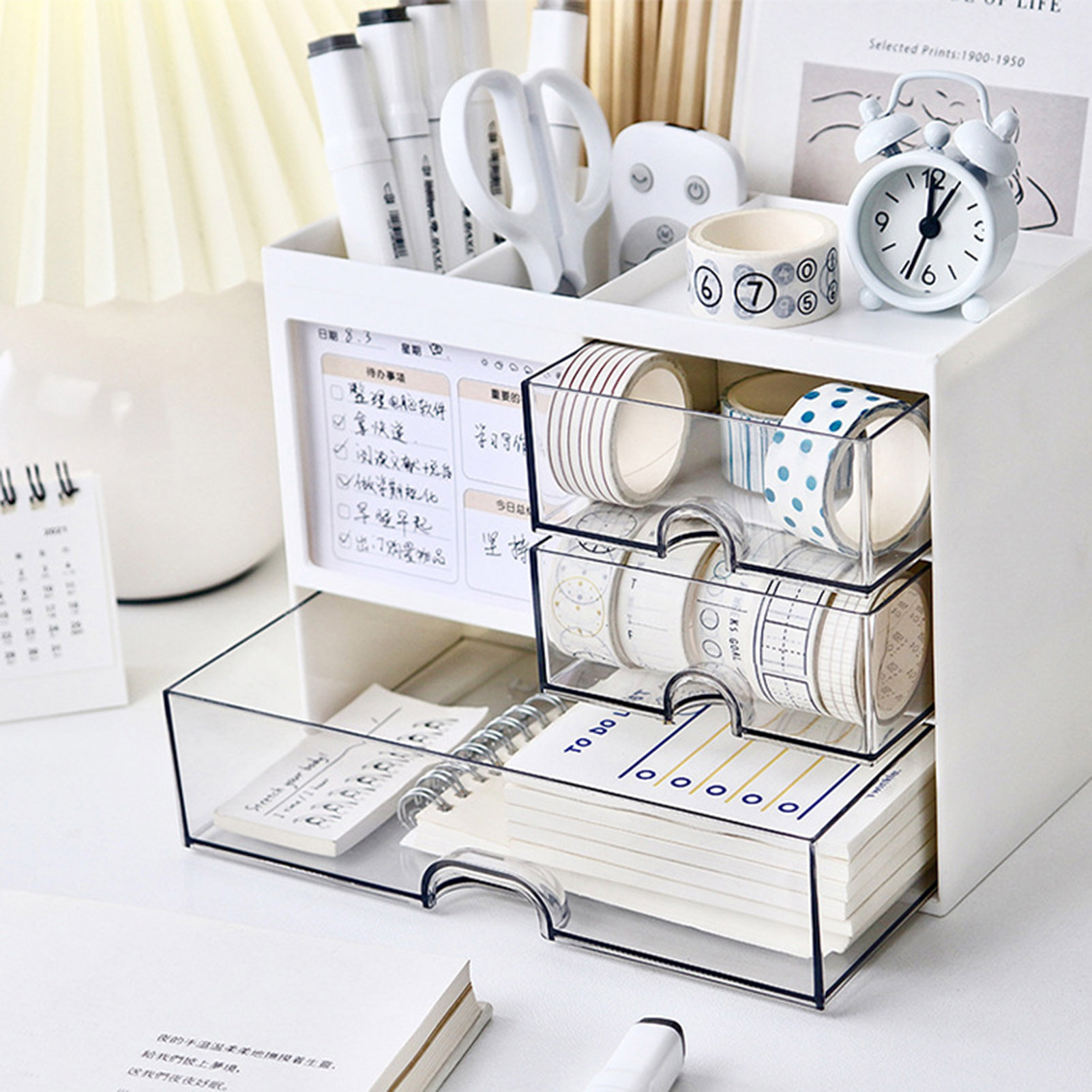 Multifunctional Desk Organizer Large Capacity Desk Organizer with Drawer Pen Holder Multi-compartment Storage Case for Office Supplies. 