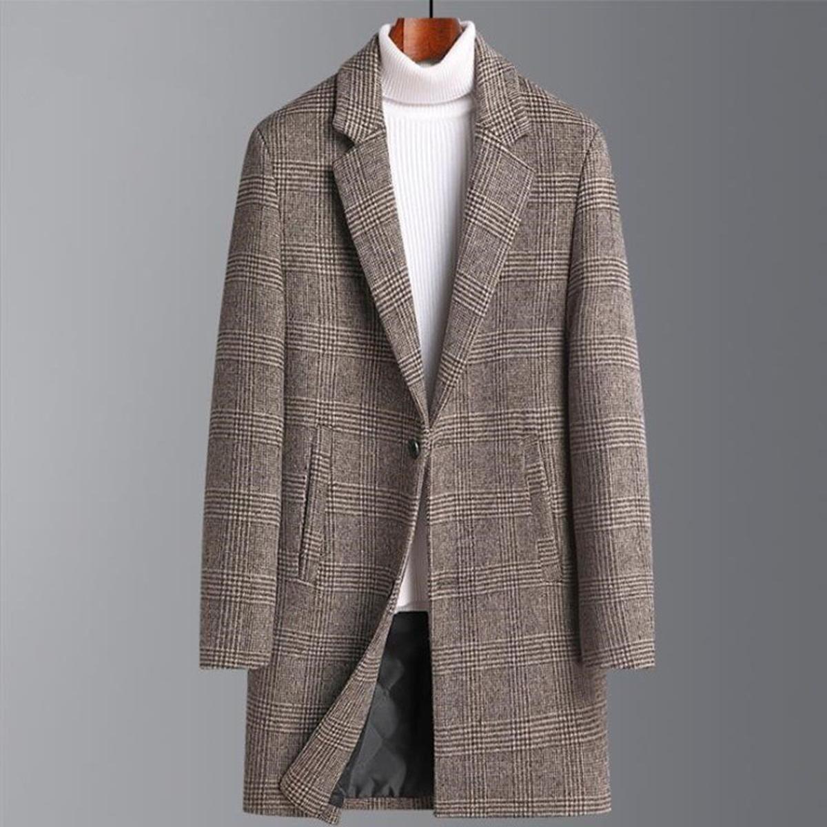 Woolen Coat Men's Autumn Winter Thickened Medium Length Plaid Windbreaker Wool Overcoat Men Camel Coats Mens Jacket Outerwear