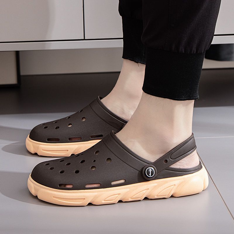 Rain Wear Sandals Men's Thick Bottom Toe Cap Slippers Vietnam Rubber Beach Hole Shoes Breathable Soft Hollow Eva Sandals. 