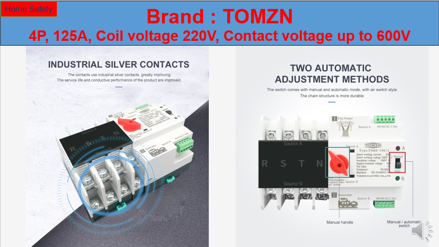 Automatic Transfer Switch / Changeover ,4P, 125A, 3 Phase, 4 Pole, ATS Dual Power. 
