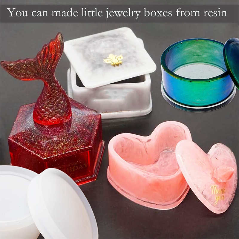 4 Pack Box Resin Jewelry Box Heart Shape /Hexagon/Round and Square Epoxy Containers with Lid. 