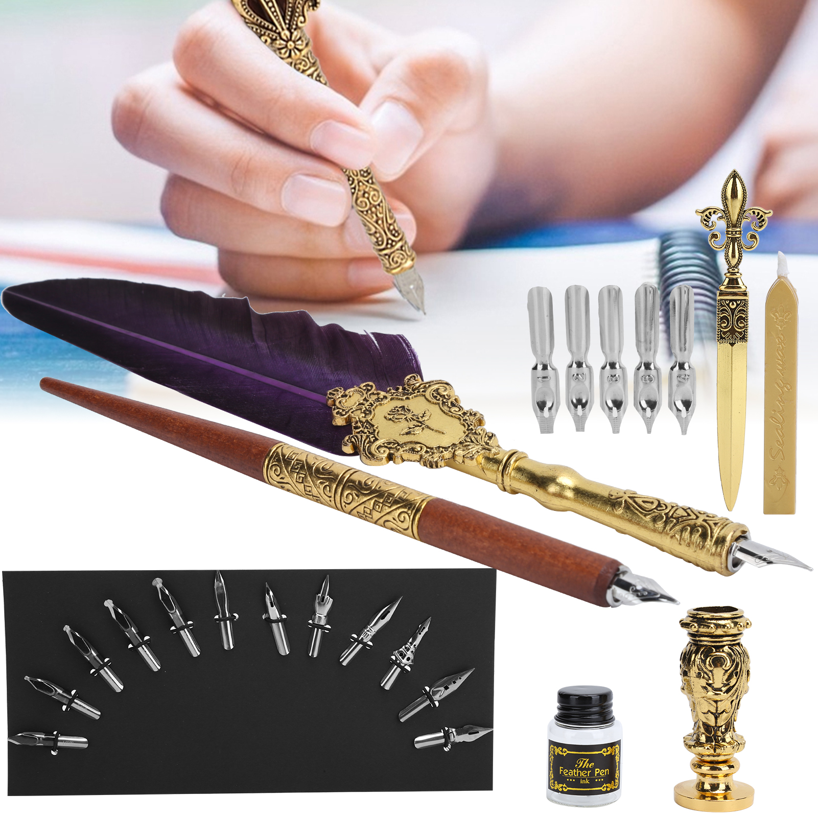 Feather Pen Kit Set Calligraphy Writing Drawing Quill Dip Vintage Art Craft Collection. 