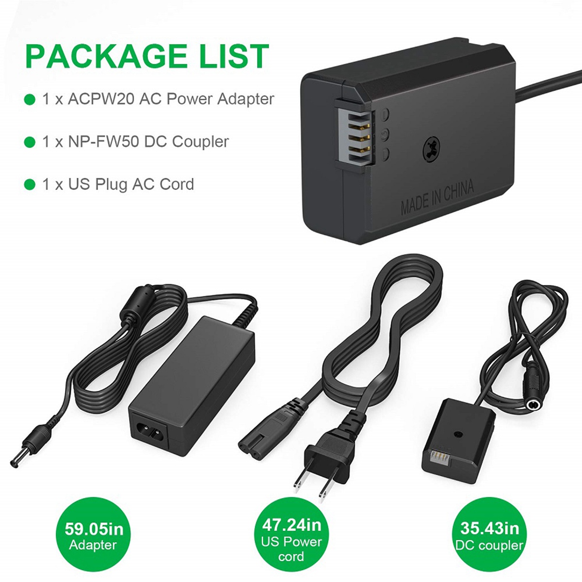 AC-PW20 NP-FW50 Dummy Battery AC Power Supply Adapter DC Coupler Kit for Sony Alpha A5100 A6500 A6400 A6000 A55 A7. 