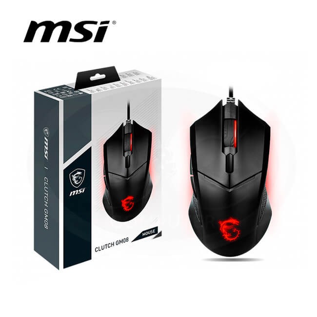MSI Clutch GM08 Gaming Mouse, 4200 DPI, Optical Sensor, 3 Adjustable Weights, Red LED Lighting, Symmetrical Design, Black. 