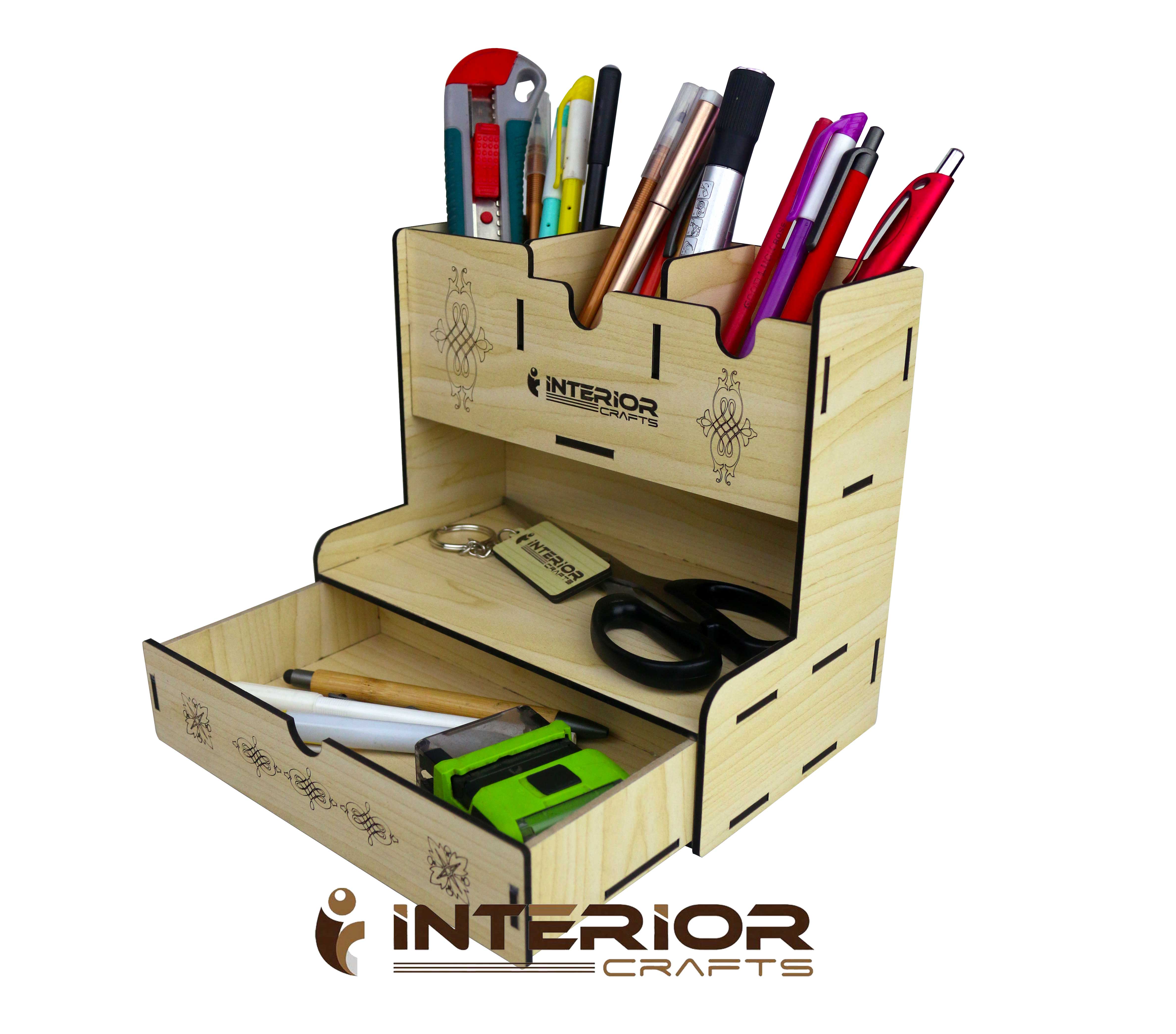 Wooden Desk Organizer, Big Multi-Functional Desktop Pencil Holder Box Storage Rack with Drawer - Easy Assembly - Home Office School INTE-3487. 