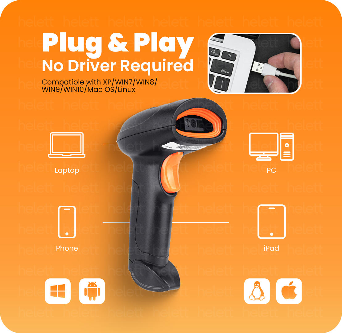 Helett® HT20 Wireless 2.4GHz 2D & 1D Barcode Scanner(QR Code & Barcode)Wireless &Wired(Charging Battery)Connectivity |Induction Scanning|Ideal for Retail Shop & Supermarket|Strong ABS. 