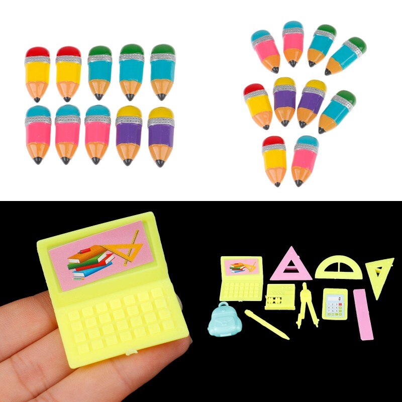 10PCS Simulation Colorful Pencil Learning Stationery Ruler Schoolbag Computer Calculator Resin DIY Accessories Dollhouse Decor. 