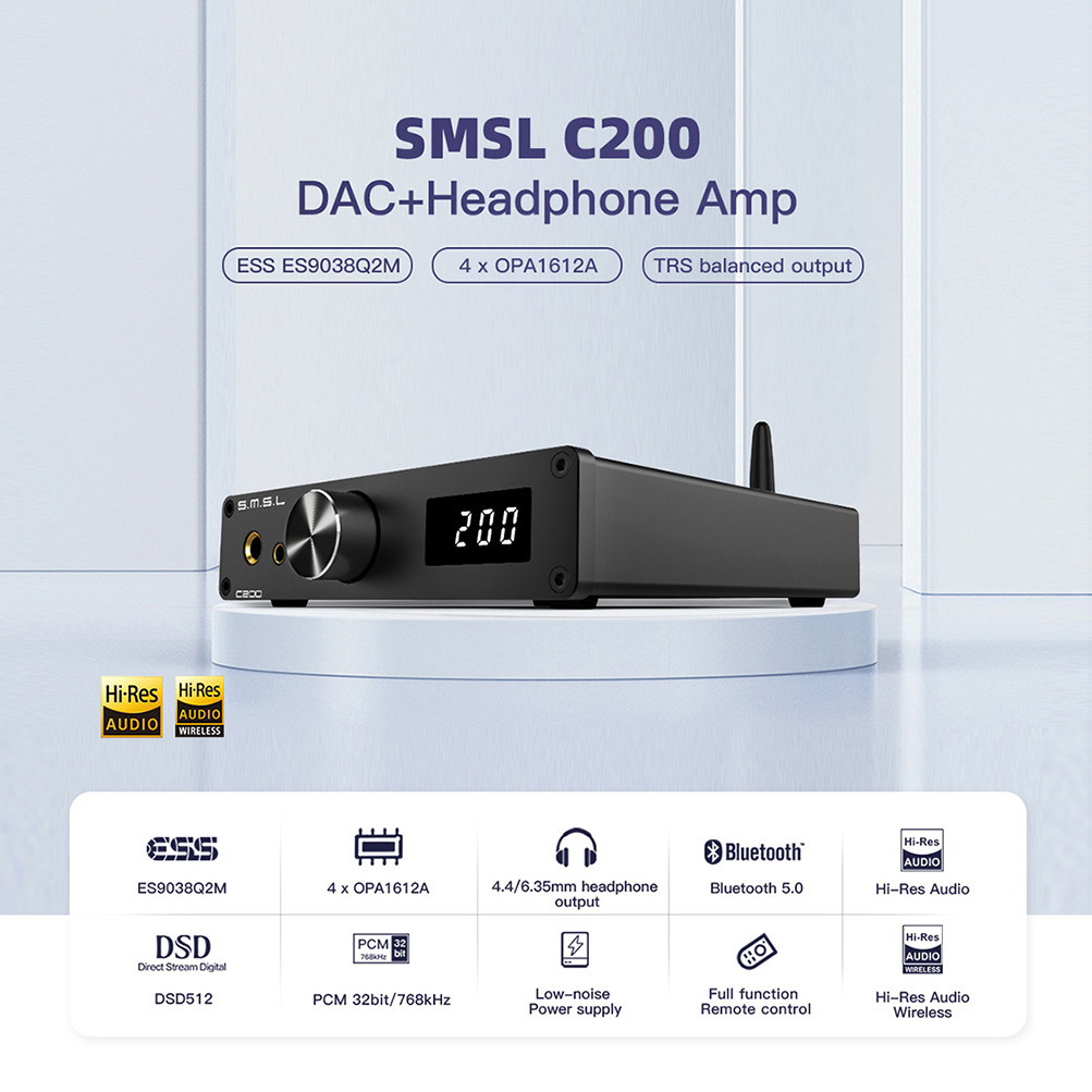 SMSL C200 USB DAC ES9038Q2M Headphone Amp OPA1612A*4 TRS Balanced 4.4mm 6.35mm Output Bluetooth 5.1 HiFi Decoder For PS4 PS5. 
