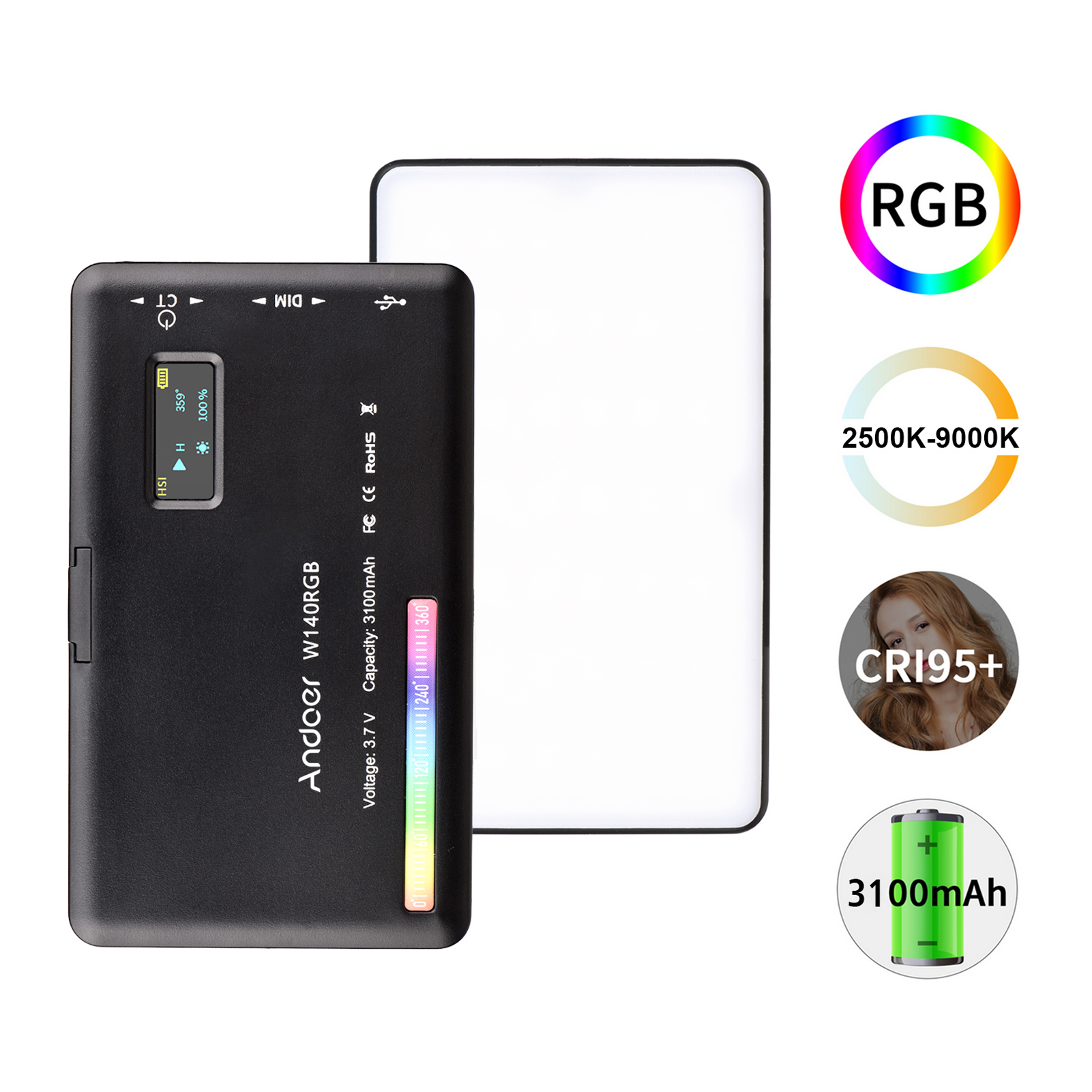 Andoer W140 RGB LED Video işığı şarj edilebilir fotoğraf dolgu işığı CRI95 + 2500K-9000K kısılabilir Vlog için LCD ekran ile. 
