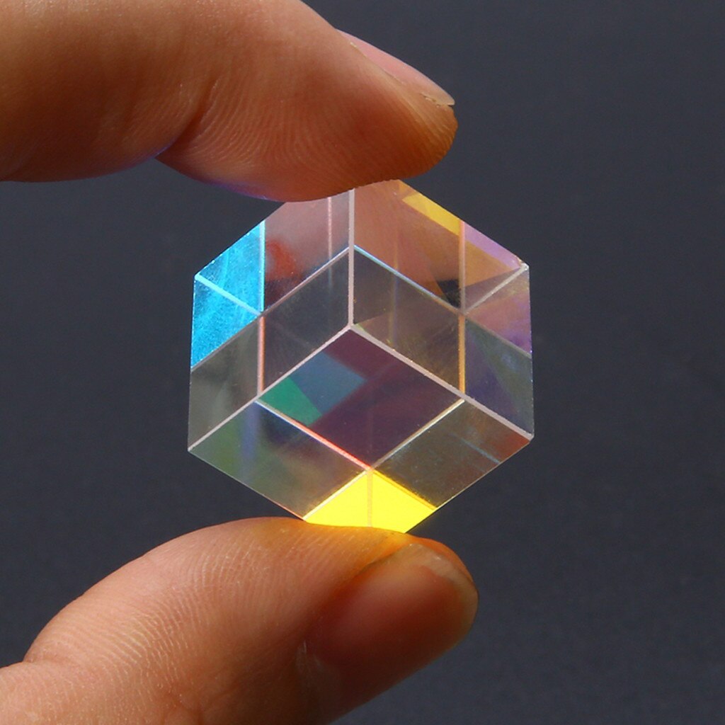 Optic Prism Cube Optical Glass Prism, RGB Dispersion Six-Sided Bright Light Combine Cube for Physics and Decoration. 