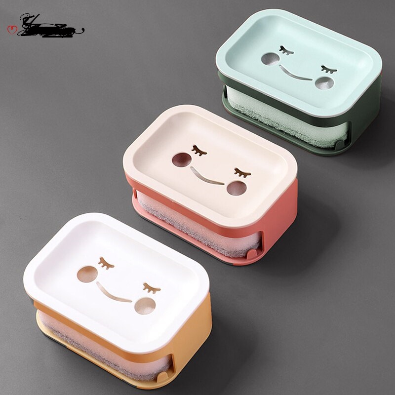 OYOREFD Cartoon Wall Mounted Double Layer Soap Holder Bathroom Drain Soap Box Plastic Sponge Soap Dish Bathroom Accessories