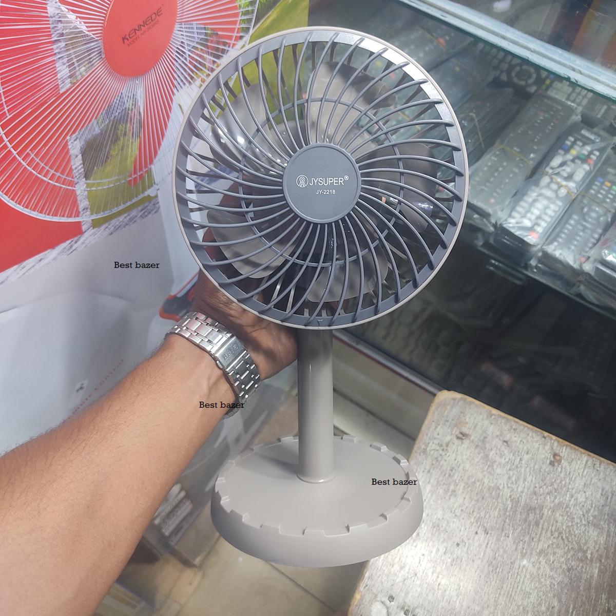 Joy Super JY-2218 Professional Rechargeable Portable Mini Table Fan Strong Wind Left to Right Oscillating Angle 45 Degrees - AC/DC. 