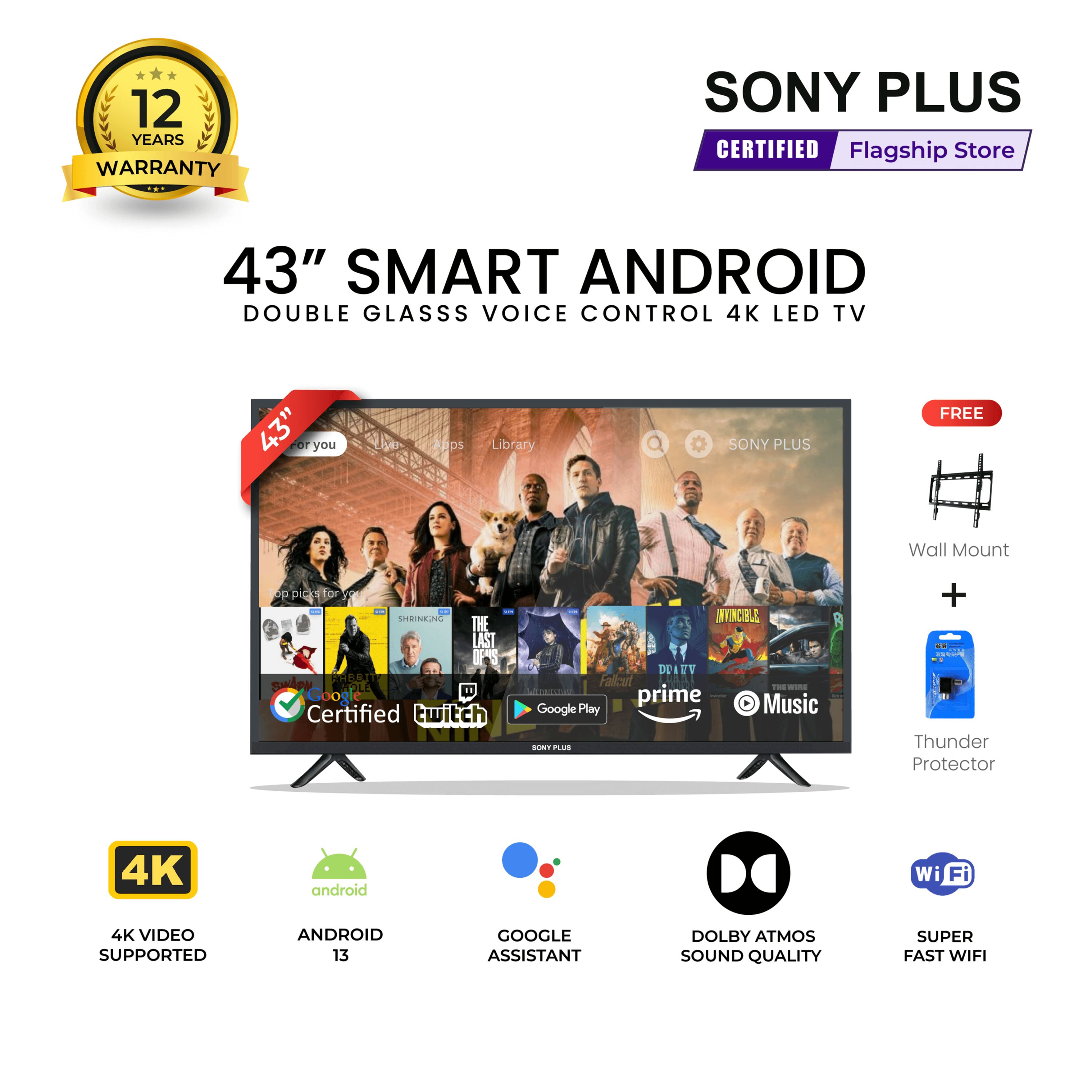 Sony Plus 43" 4K UHD Smart Android TV with Voice Control, Dolby Audio, and HDMI Connectivity