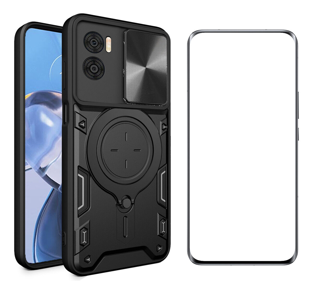 For Moto E22 E22i Case Foldable 360 Degree Rotating Bracket Vehicle Mounted Sliding Hard Shockproof Rear Shell + Tempered Glass Screen Protector for Moto E22 E22i Back Cover