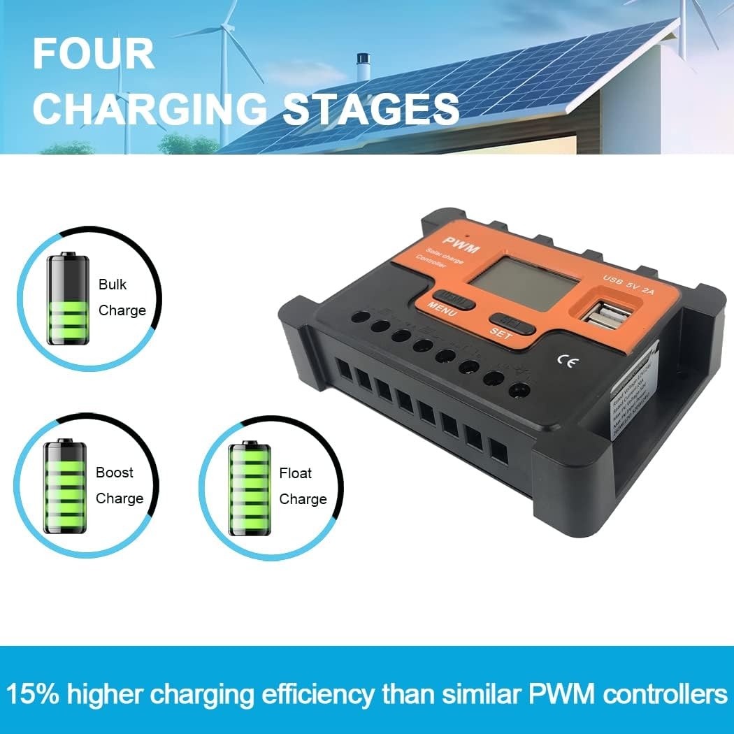 20amp/30amp PWM Solar Charge Controller 12V 24V Car LCD Display Intelligent Battery Controller for Lead Acid, Lithium. 