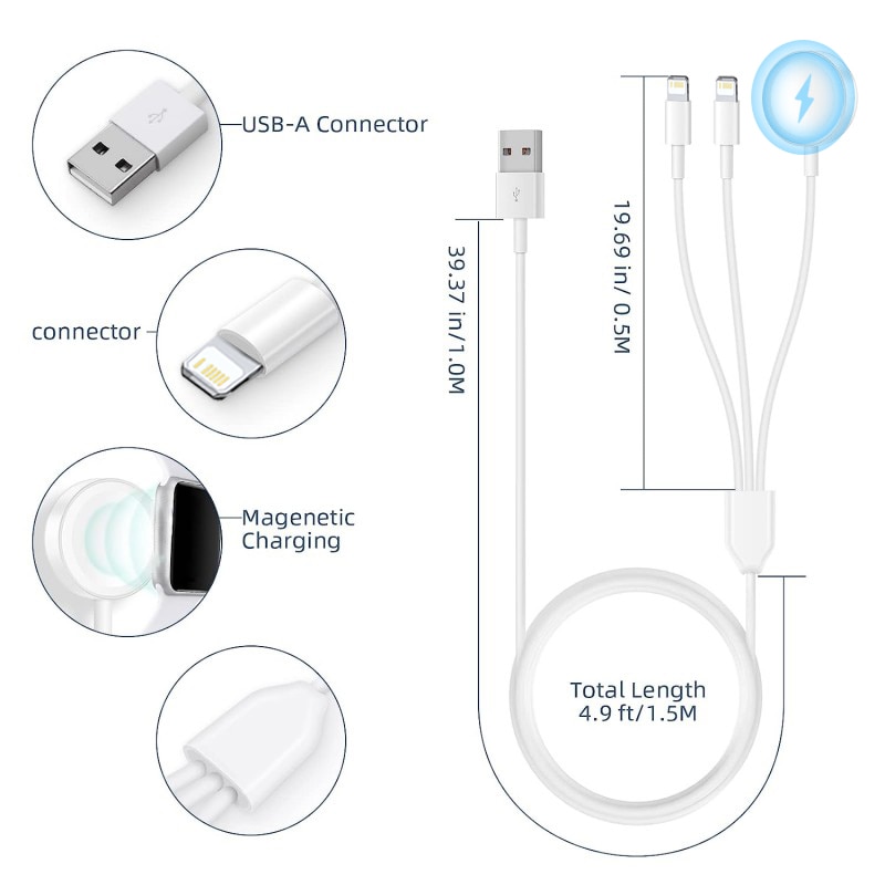 Cable for Apple Watch Charger Series 8 7 6 5 4 SE 3 in 1 USB Portable Fast Charging Cable For iPhone 14 13 12 11 Pro Max 8 Plus. 