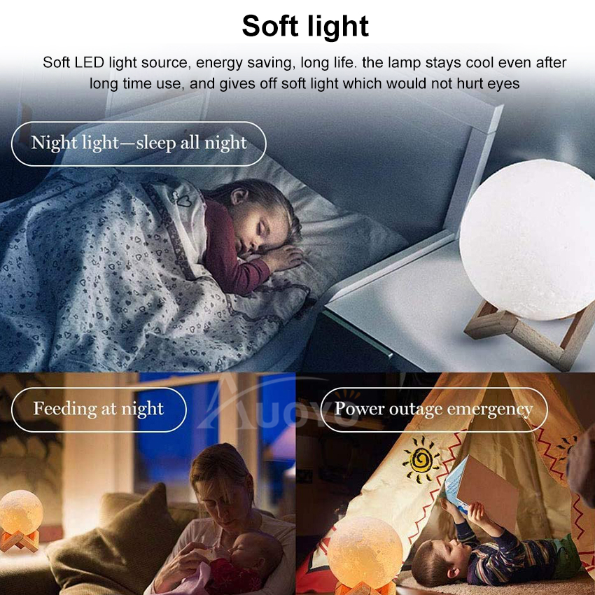 Auoyo Moon Lamp Light Rechargeable 3D Printing 8/15cm Moon Night Light with Stand Touch Switch 7 Multicolor Moon Table Lamp. 