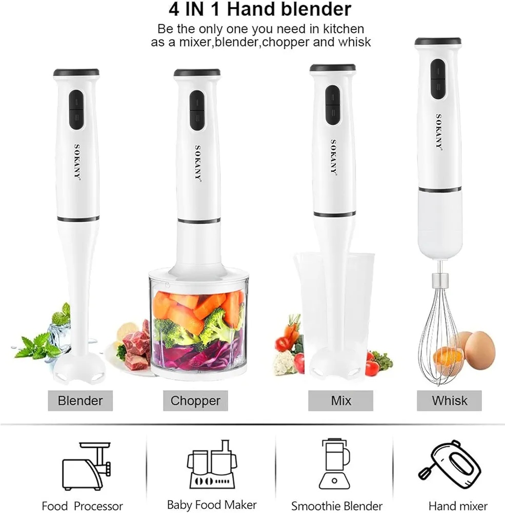 Hand Blender, 800W with 750ml BPA-free Beaker, 450ml Chopper, Whisk, Dual Speed, for Shakes, Smoothies, Baby Food, Soups & More, White. 