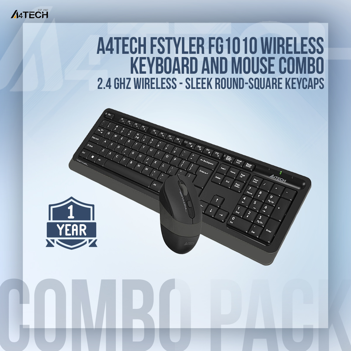 A4TECH Fstyler FG1010 Wireless Keyboard And Mouse Combo - 2.4 GHz Wireless - Sleek Round-Square Keycaps - 1000/1600/2000 DPI - Grey/Blue/Orange