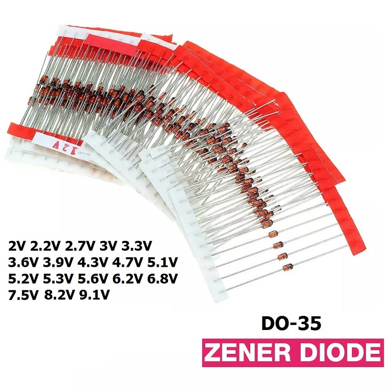 10ps- Zener Diode 0.25W DO-35 (18 Values 2V 2.2V 2.7V 3V 3.3V 3.6V 3.9V 4.3V 4.7V 5.1V 5.2V 5.3V 5.6V 6.2V 6.8V 7.5V 8.2V 9.1V)