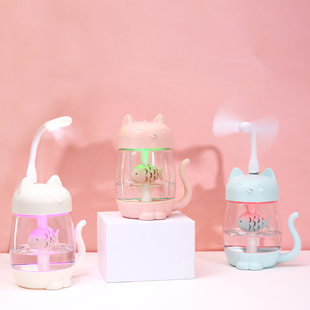 Toolikee 350ml 3in1 USB Himidifier Cat Mini Portable Ultrasonic Lovely Kitty Humidifier with Fan and Night Light Aroma Diffuser. 