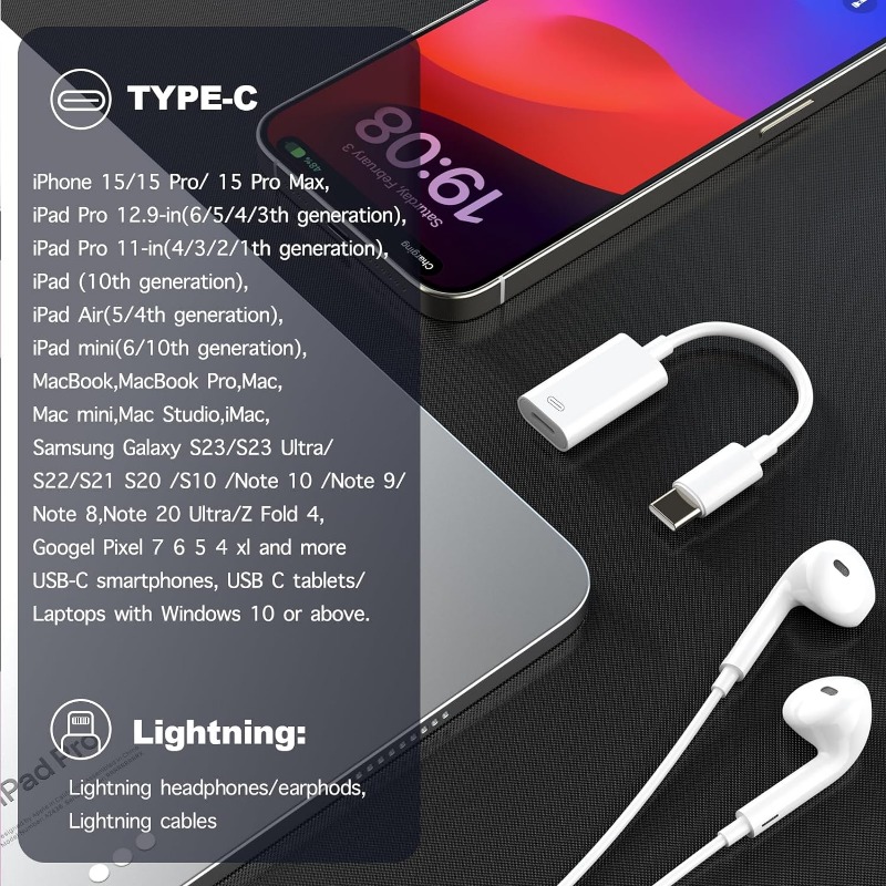 USB-C Male to Lightning Female Adapte, Type-C to Lightning Audio Adapter for Apple EarPods, iPhone 15, iPad, MacBook Pro. 