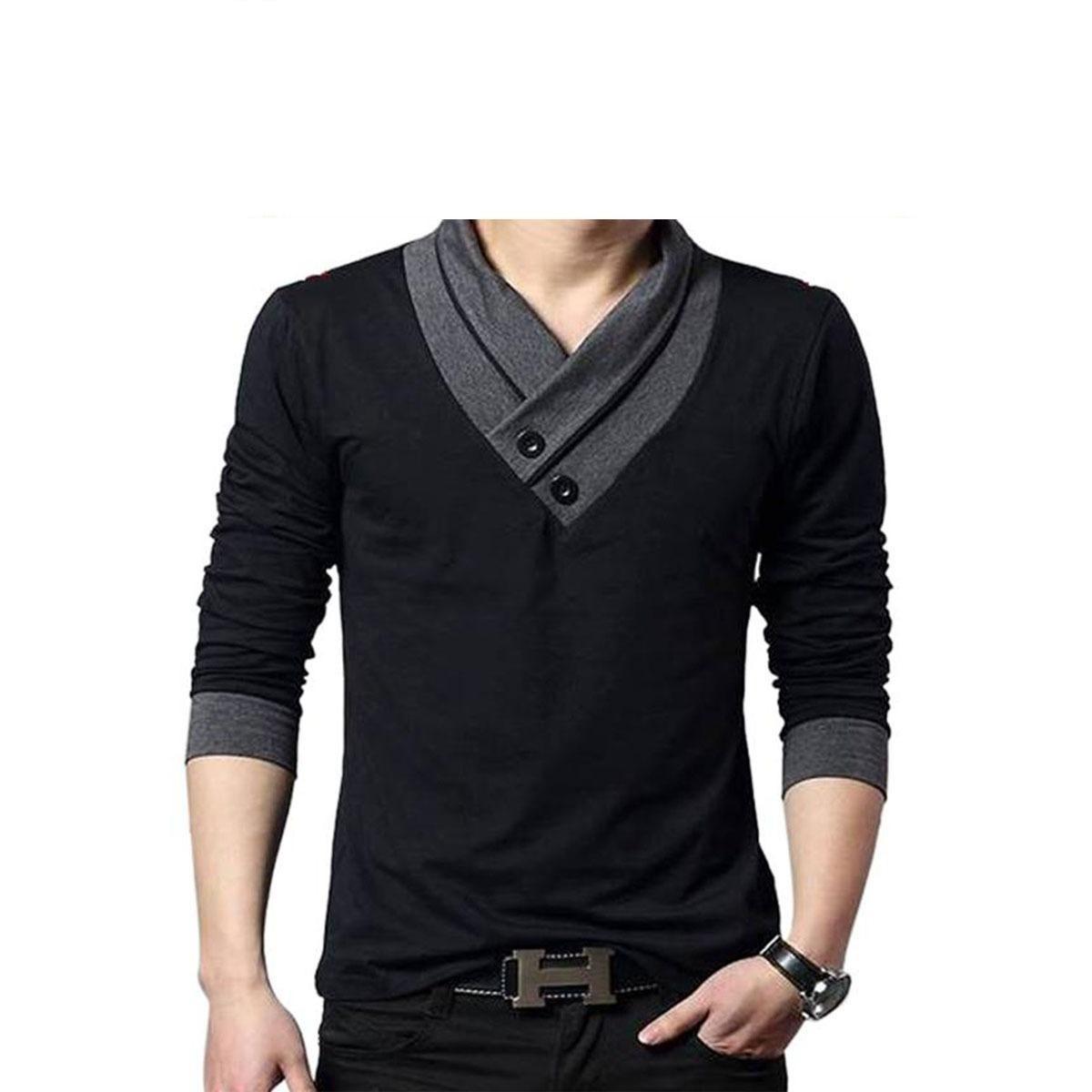 V-Neck Black Cotton Long Sleeve T-Shirt 