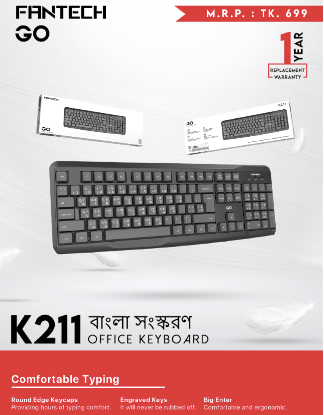 FANTECH GO K211 Smooth Typing Keyboard 104 Keys Spill Resistant Keyboard English And Bangla USB Wired Easy To Read Keys Computer Keyboard Ergonomics Keyboard For Office PC. 
