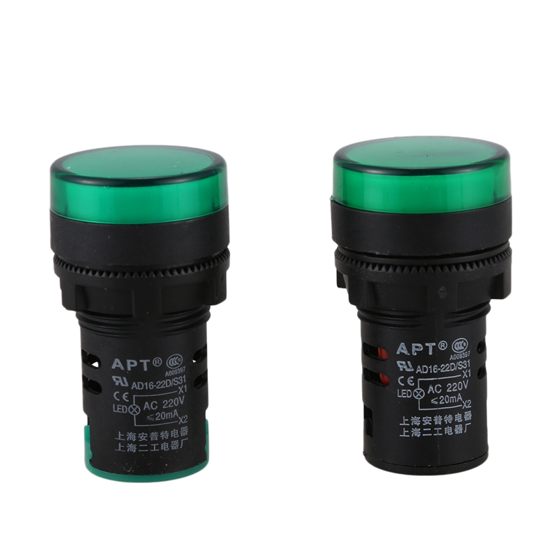 2 Pcs AC220V Green LED Power Indicator Pilot Signal Light Lamp 22mm Dia. 
