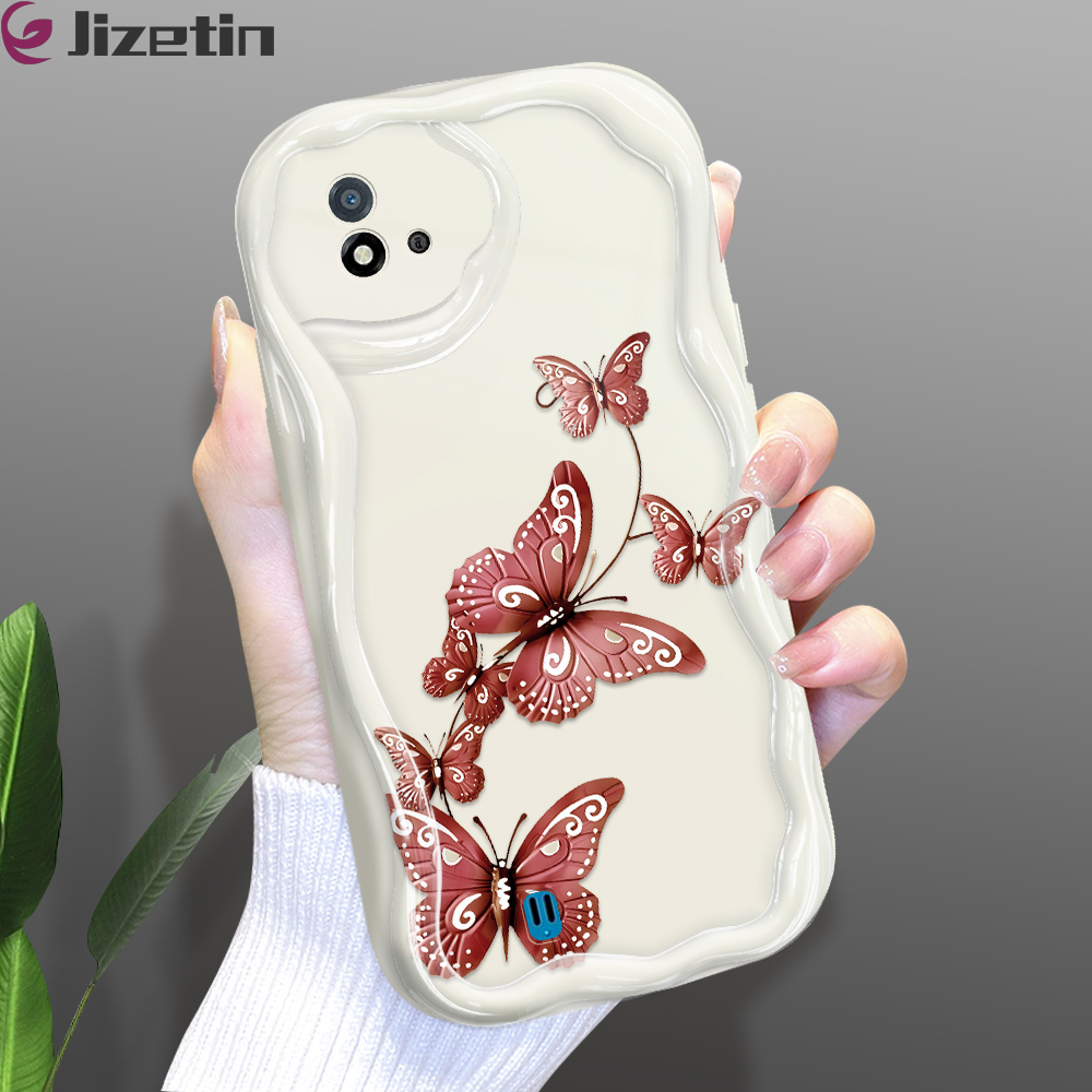 Jizetin for Realme C11 2021 C20 C20A Back Cover Cartoon Colored Branch Butterfly Cream Wavy Edge Soft Silicone Phone Case