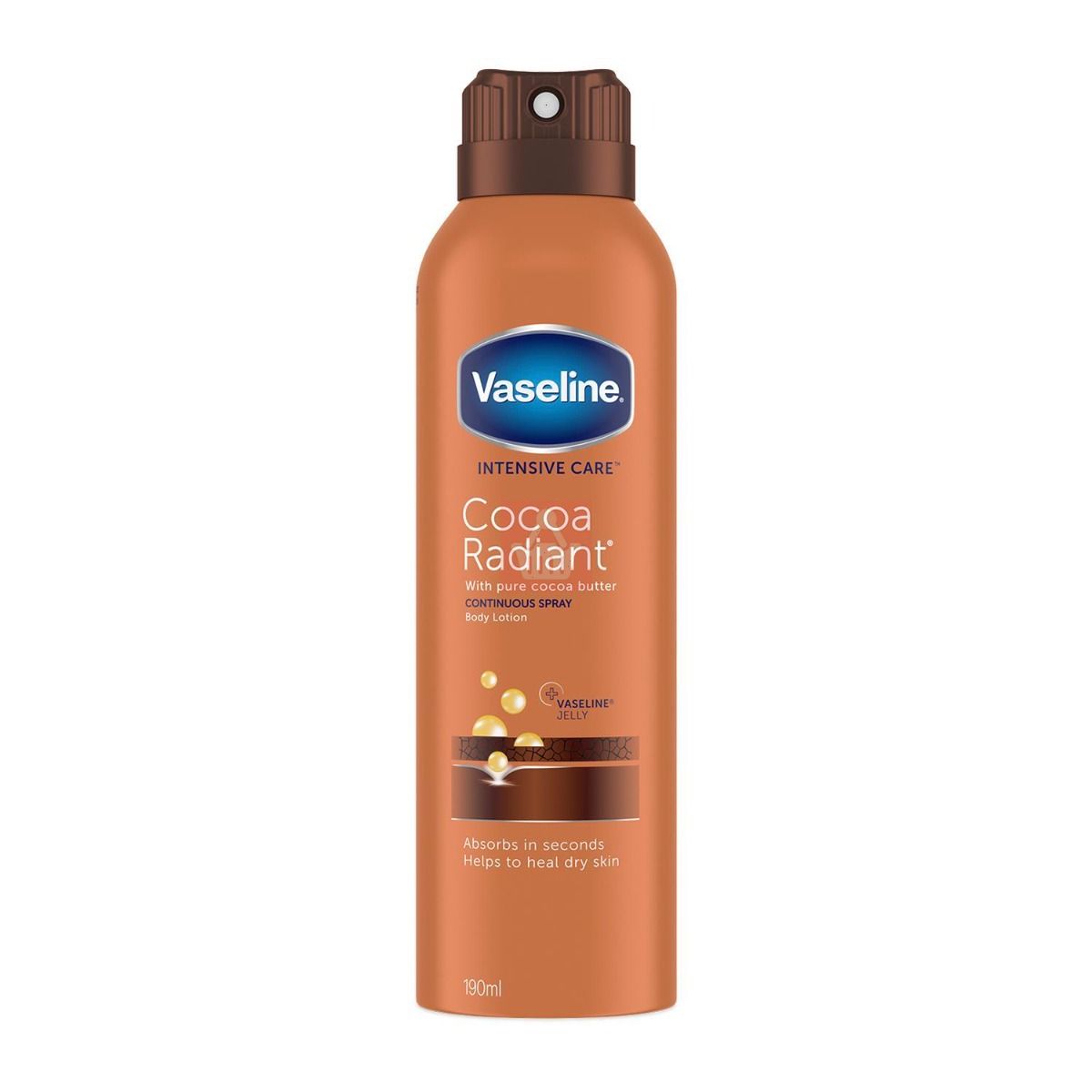 Vaseline Intensive Care Cocoa Radiant with pure cocoa butter continuous spray body lotion help to heal dry skin 190ml . Origin- Netherland. 