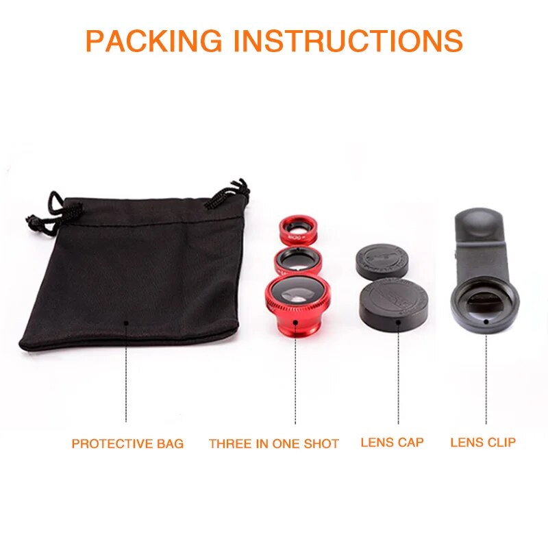 3 in 1 Fisheye Wide Angle Micro Camera Lens for iPhone 0.67X Wide Angle Zoom Fish Eye Len on Smartphone Lenses with Phone Clip. 
