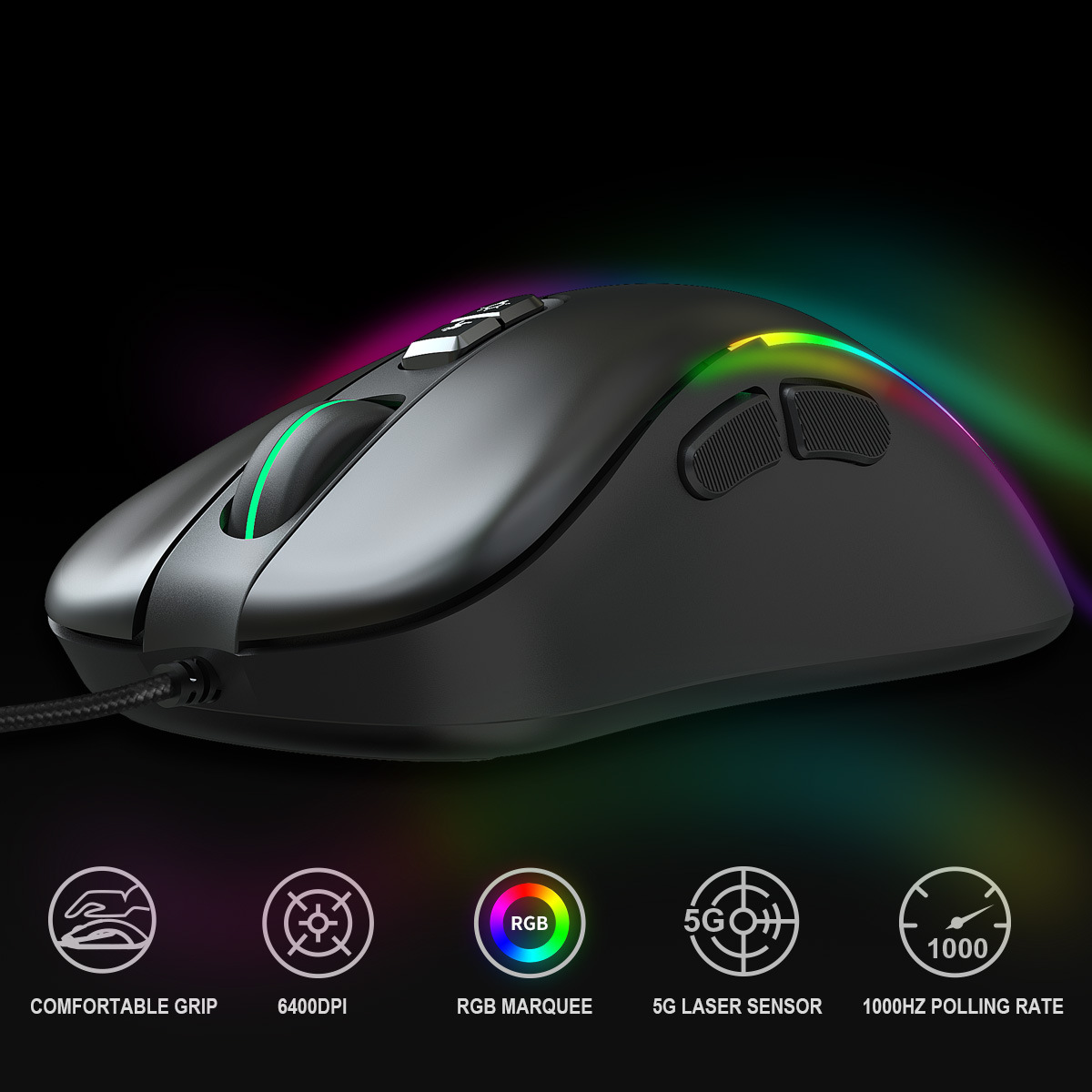 HXSJ J300 Wired Gaming Mouse RGB Colorful Light Macro 6400 Adjustable DPI Gamer Mouse for PUBG Better than HP Razer Mouse Mice. 
