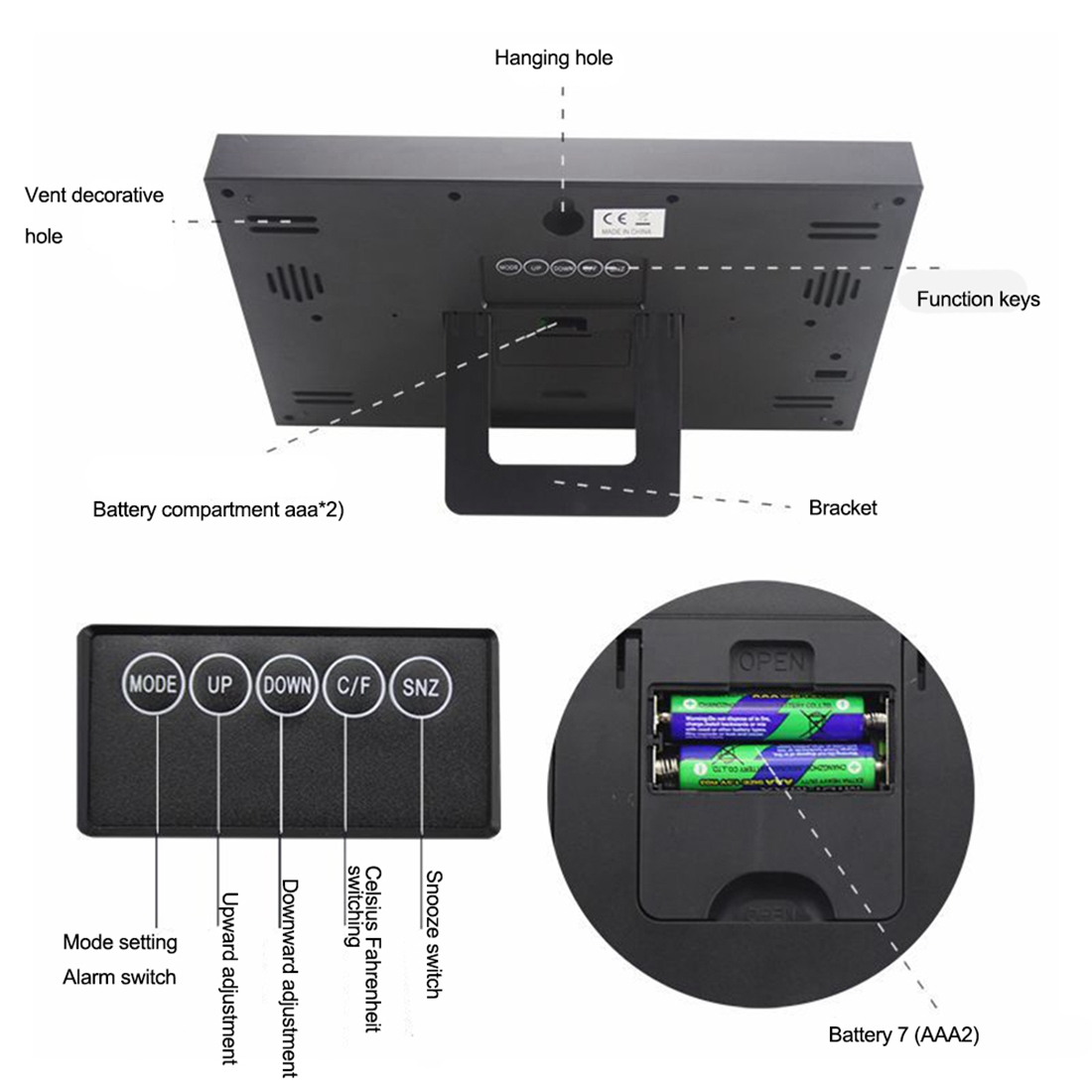 Digital Wall Clock LCD Large Number Time Temperature Calendar Alarm Table Desk Clock Modern Design Office Home Silver. 