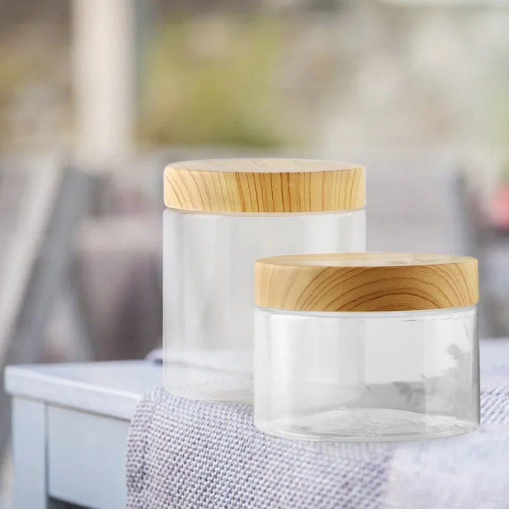 with Wood Texture Lid Clear Storage Jars Food Storage Container Wide-mouthed Moisture Proof Sealed Can Empty Transparent Seasoning Bottle Pet Food. 