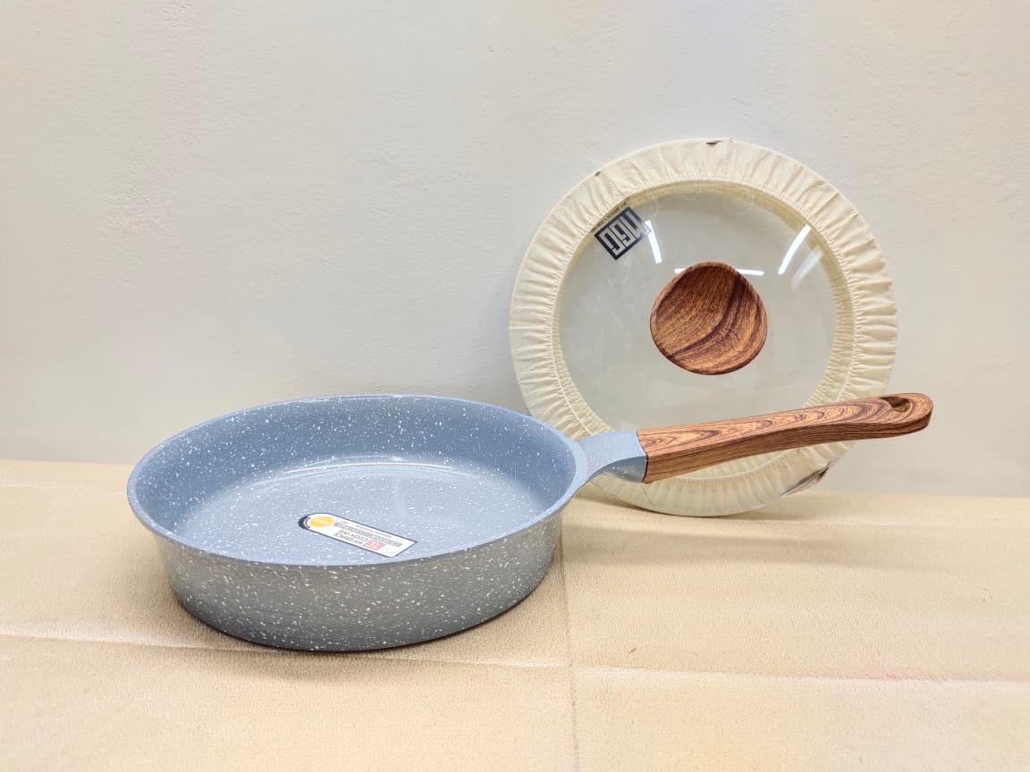 Mgc Marble Granite Non-Stick Anti Scratch Frying Pan 24Cm With Lid & Wood Handle. Deep Fry Pan With Glass Lid. C:P500. 