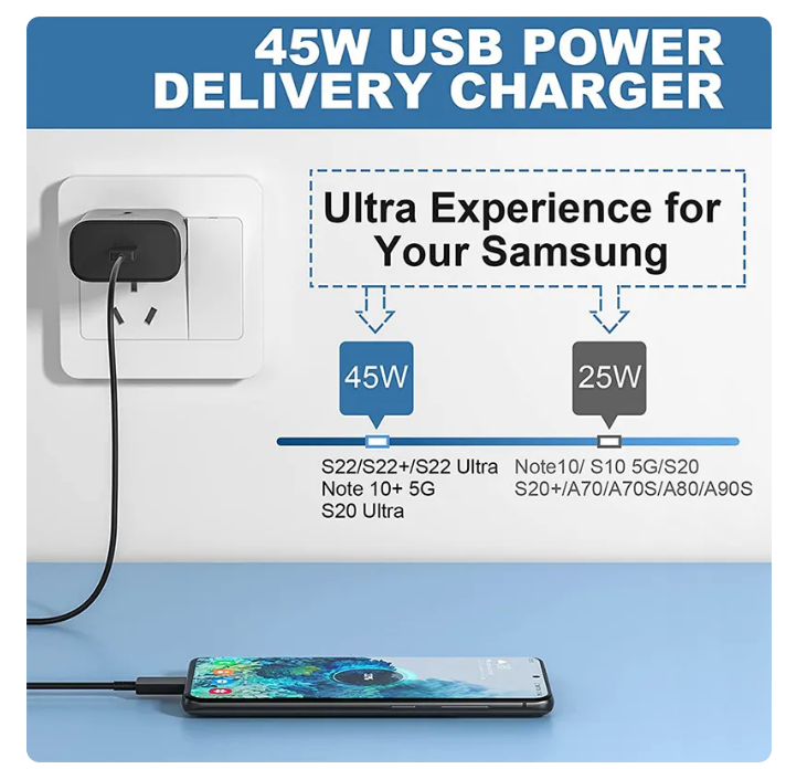 Samsung 45W PD Super Fast Charger 2.0 with Type C to Type C data cable. 45 watt fast charger samsung. 