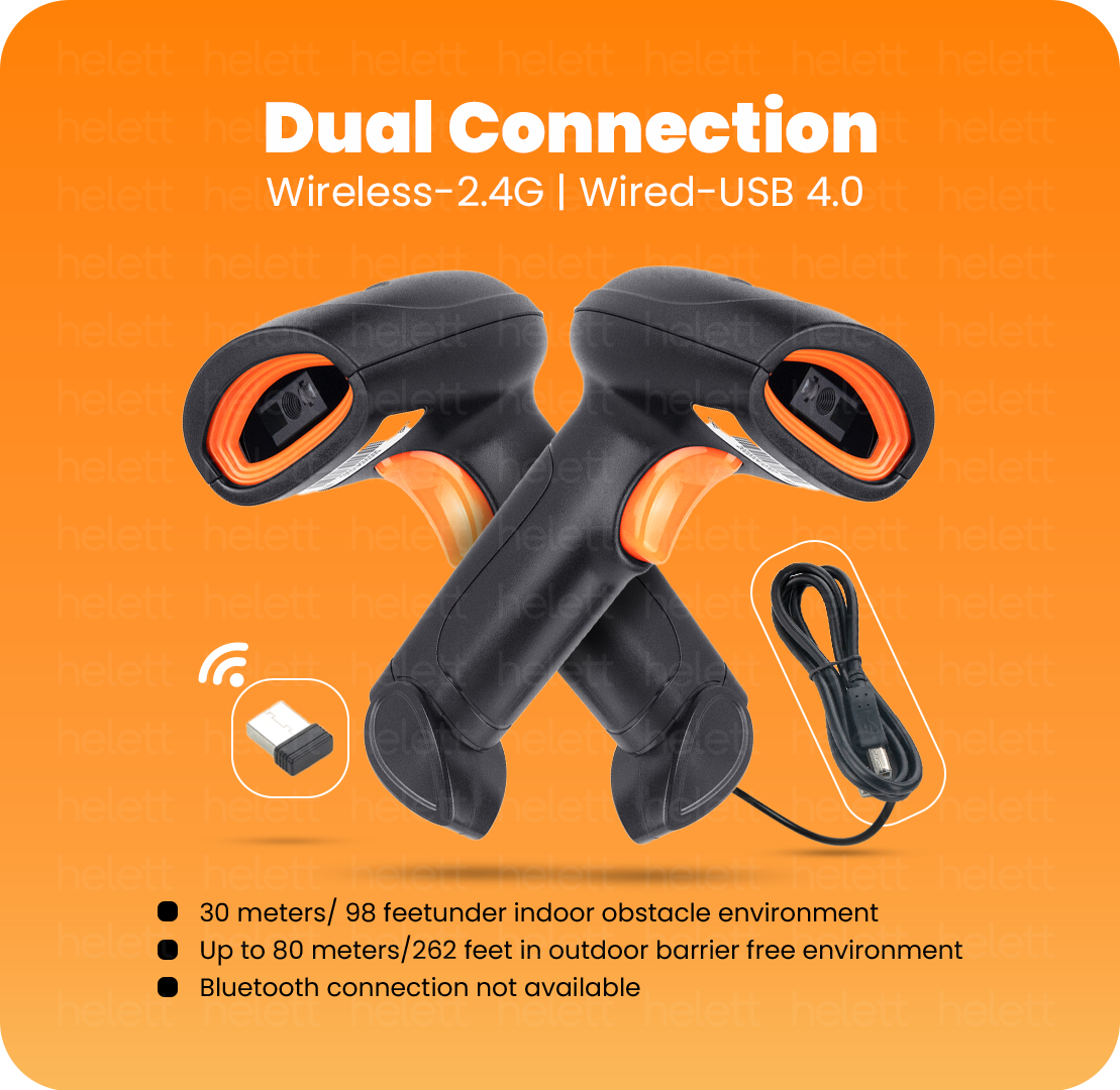 Helett® HT20 Wireless 2.4GHz 2D & 1D Barcode Scanner(QR Code & Barcode)Wireless &Wired(Charging Battery)Connectivity |Induction Scanning|Ideal for Retail Shop & Supermarket|Strong ABS. 