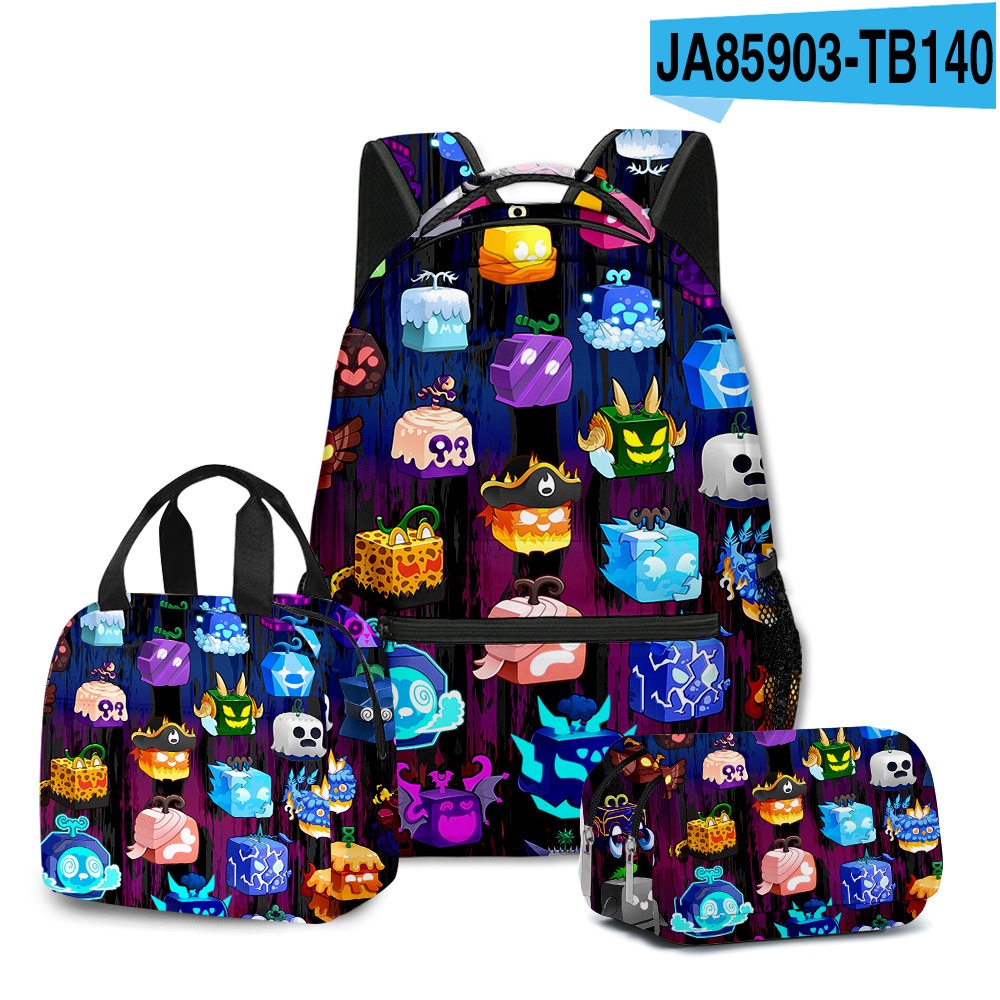 3D new ROBLOX game blox fruits schoolbag backpack for primary and secondary school students lunch bag pencil case three-piece set. 