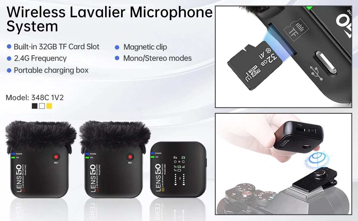 Lensgo348c Compact Digital Wireless Lapel Microphone System/Recorder With Extra Recording Button With Built in Magnet Clip (2.4 GHz, Black) Camera & SmartPhone. 