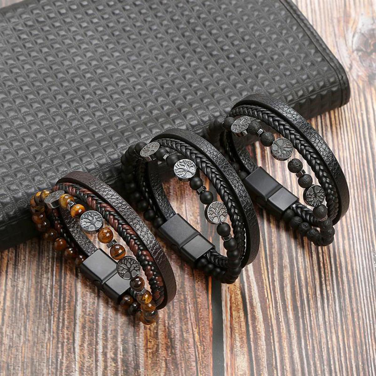 New Fashion Life Tree Leather Bracelet Men Classic Fashion Tiger Eye Beaded Multi Layer Leather Bracelet For Men Jewelry Gift