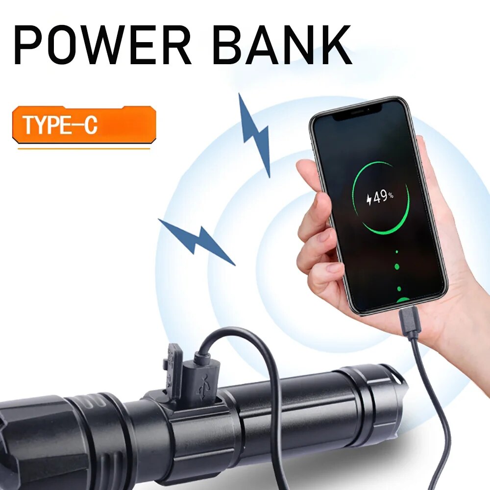 Most Powerful LED Flashlight TYPE-C USB Rechargeable Torch Light High Power Flashlight Tactical Lantern. 