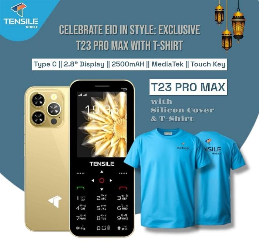 Tensile T23 pro max  touch button phone with 14 days replacement & 1 years warranty free t shirt. 