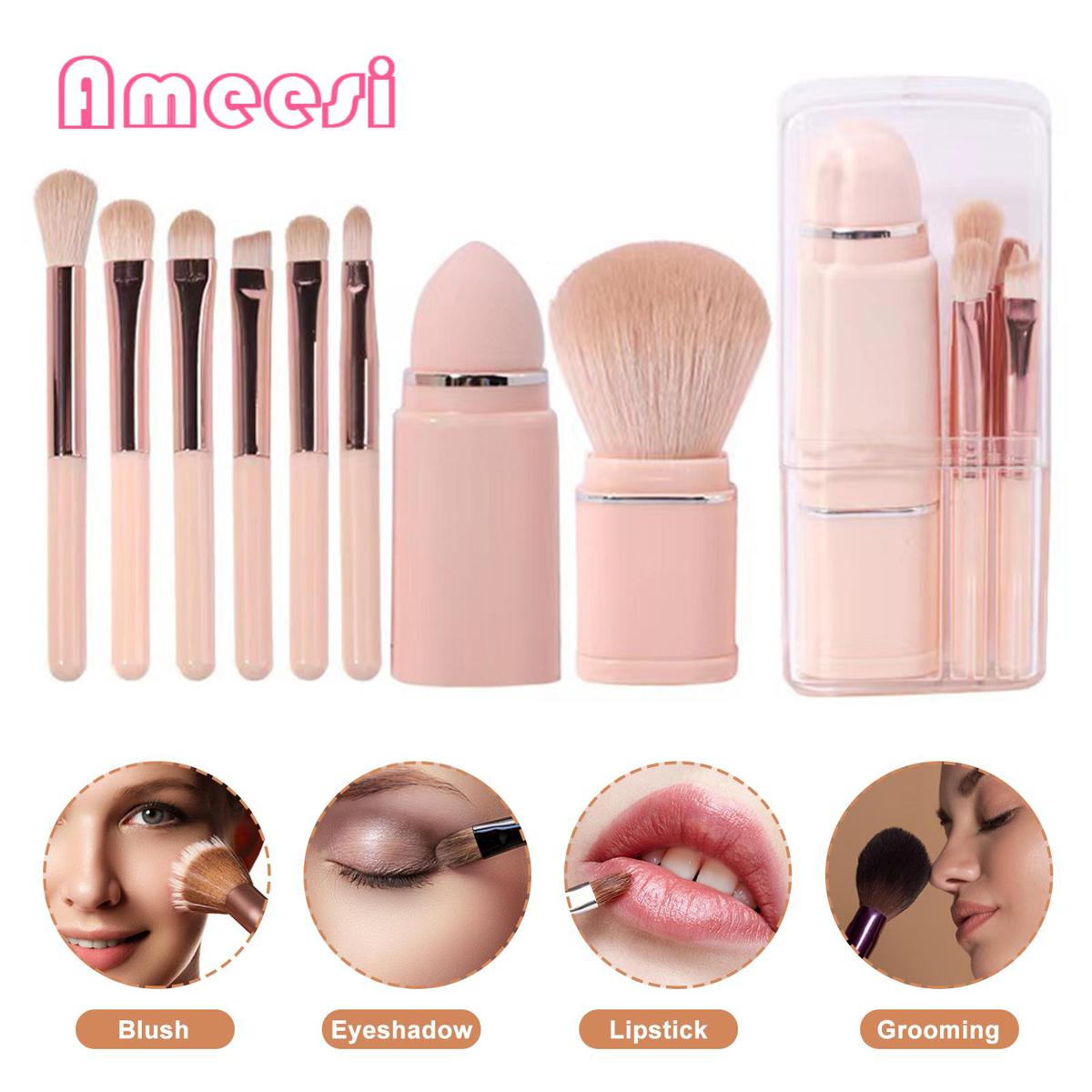 Lightweight Compact Makeup Brushes Portable 8-piece Makeup Brush Set for On-the-go Beauty Soft Synthetic Bristles less Than Makeup Brush Set with Plastic Handle